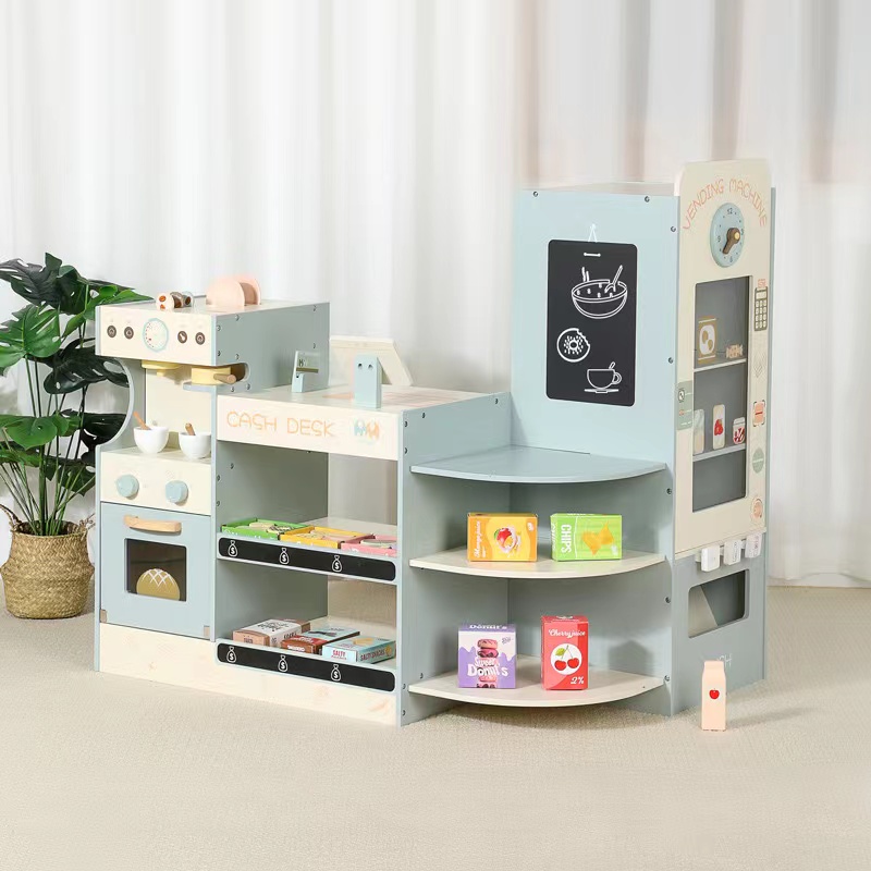 Kids Toys Store - 子供用木製食料品店プレイセット、子供用プレイストア木製スーパーマーケットプレイセット（レジ、コーヒー自動販売機付き）