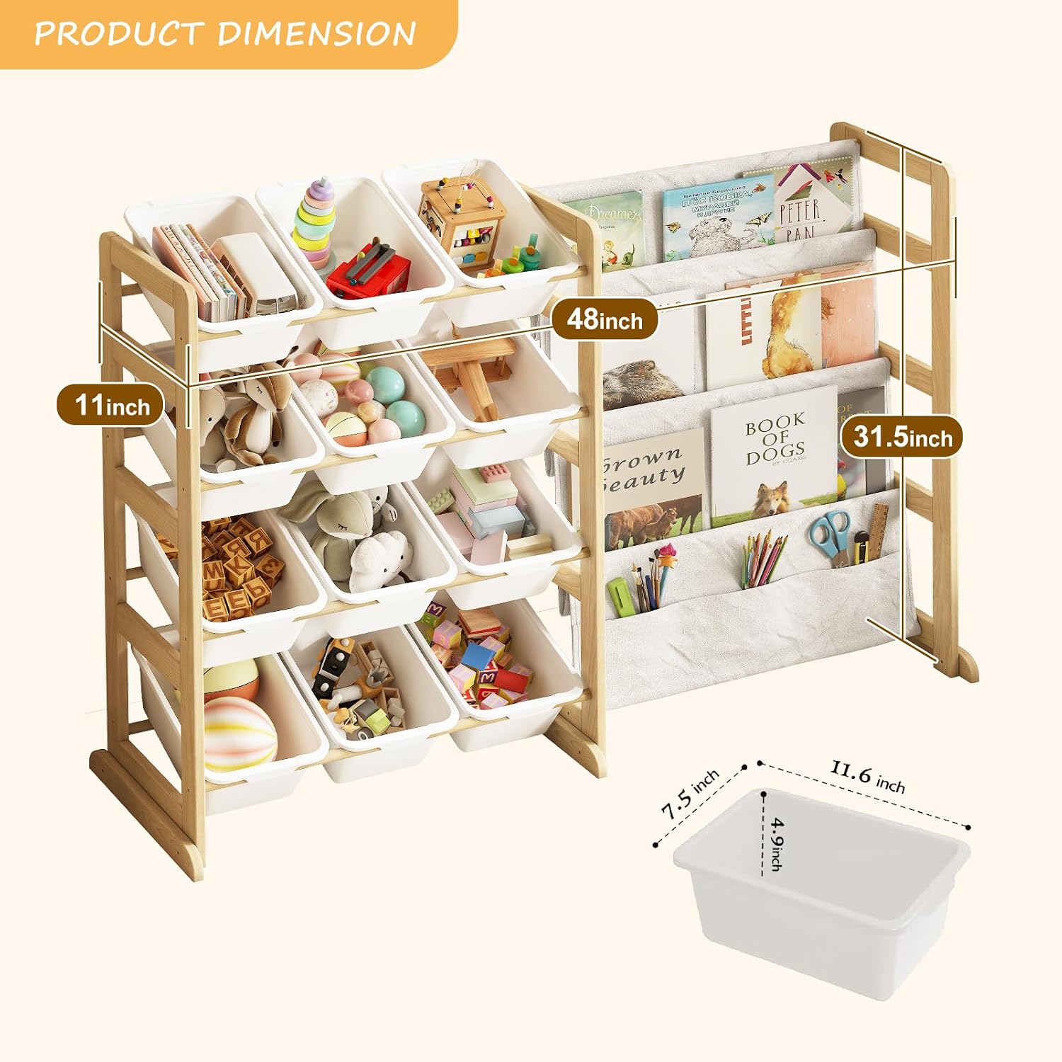 無垢パイン材製子供用おもちゃ収納オーガナイザー、本棚と12個 - Kids Toys Store のレビューと価格